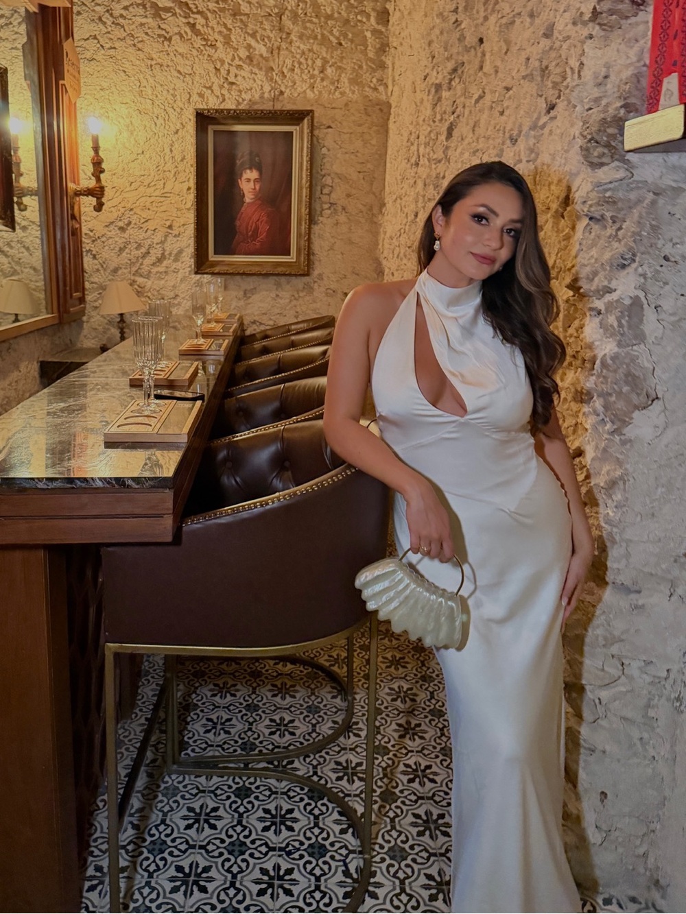 MESHKI Ivory Satin Halter Maxi Dress | Open Back Cutout Bridal Wedding